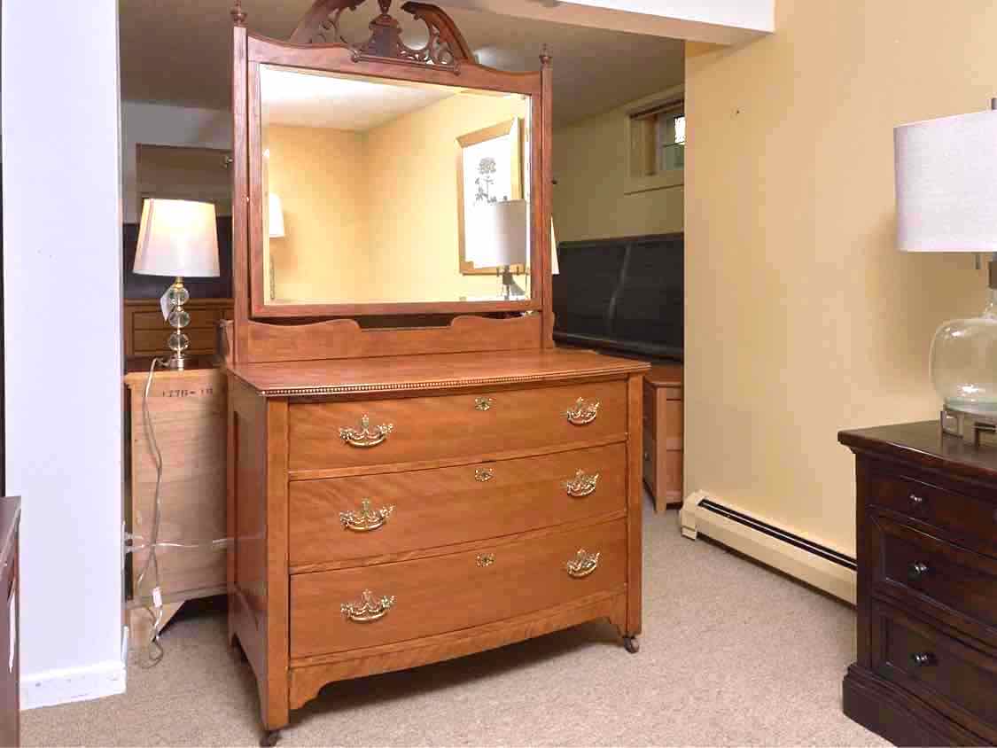 Antique Tiger Maple 3 Drawer Chest With Brass Handles & Mirror