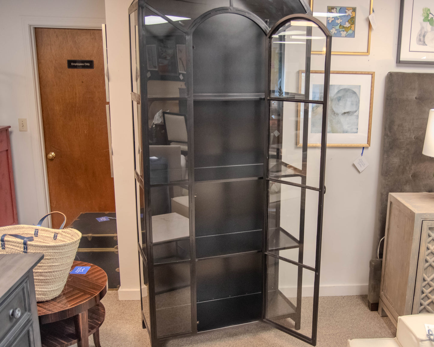 Crate & Barrel Ventana Old World Arched Black Iron Glass Display Cabinet