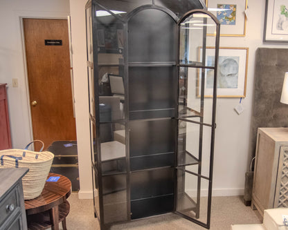 Crate & Barrel Ventana Old World Arched Black Iron Glass Display Cabinet