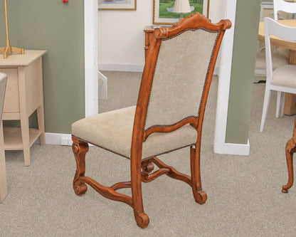 Set of 8 Carved Dining Chairs with Pale Gold Upholstery & Bronze Nailhead Trim