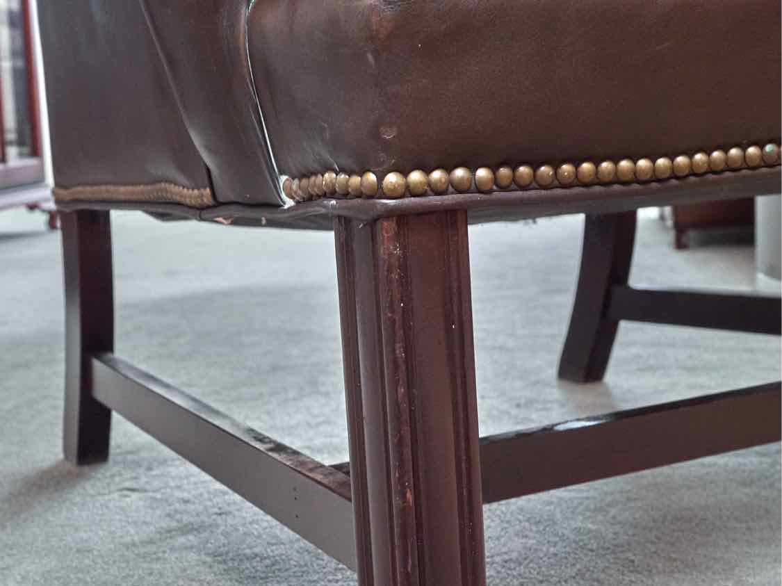 Pair Of Sam Moore 'Walnut Brown' Leather Wing Back Nailhead Trim Chairs