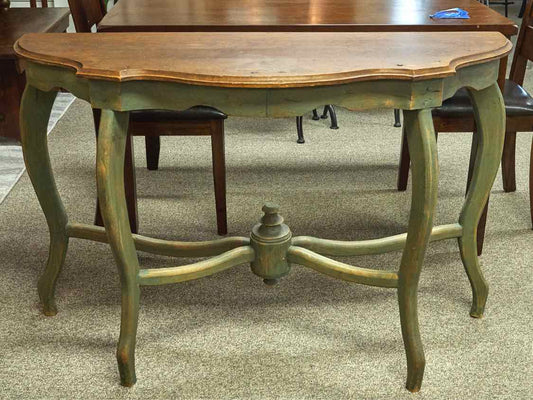 Rustic Demilune Console with Dark Pine Top and Green Base