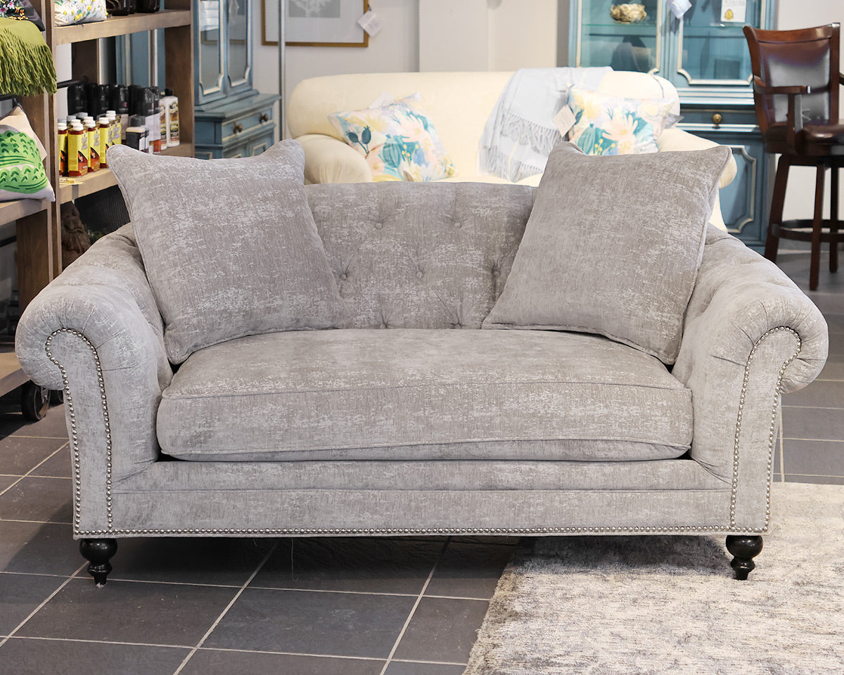 ZGallerie Tufted Sofa in Gray Chenille, Silver Nailhead Trim, Espresso Legs.