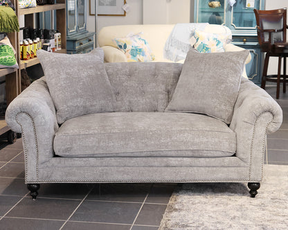 ZGallerie Tufted Sofa in Gray Chenille, Silver Nailhead Trim, Espresso Legs.