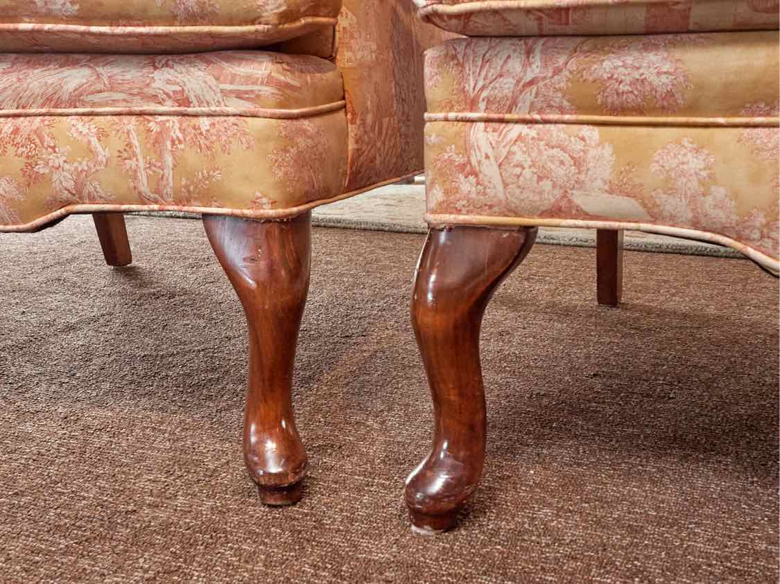 Pair of Toile Upholsterd Wing Back Chairs Includes Toss Pillow