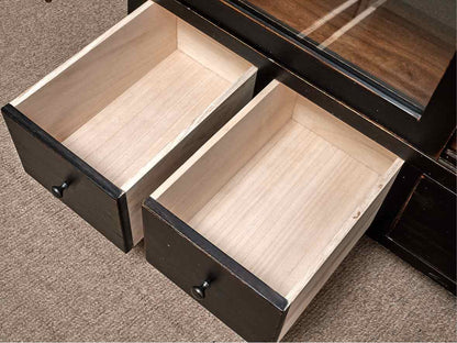 Rustic Amish Oak Top Black Finish 2 Sliding Doors 4 Drawers  Media Furniture