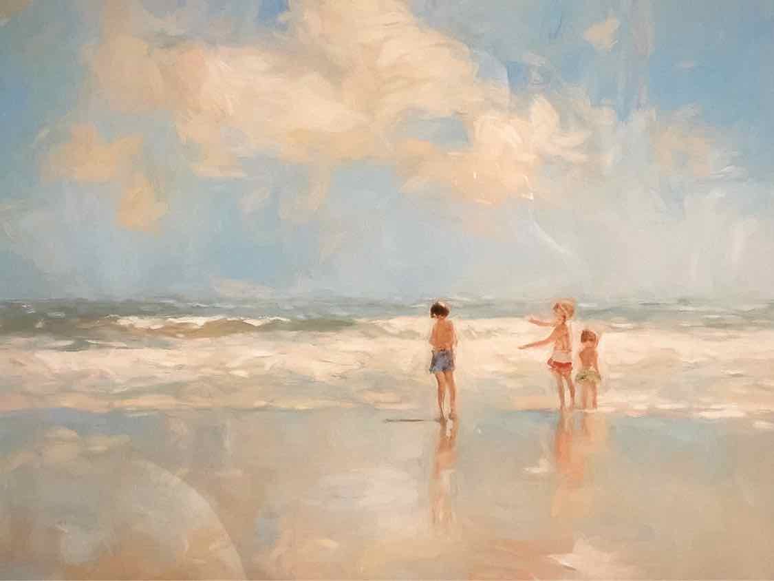 'Beach Play Date' Oil Print Double Matt Cream Wash Frame With Silver Accent