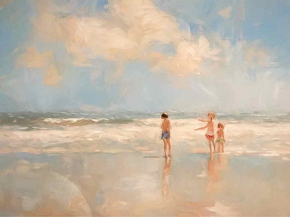 'Beach Play Date' Oil Print Double Matt Cream Wash Frame With Silver Accent
