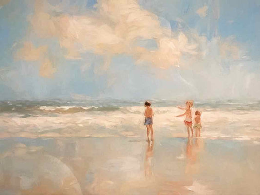 'Beach Play Date' Oil Print Double Matt Cream Wash Frame With Silver Accent