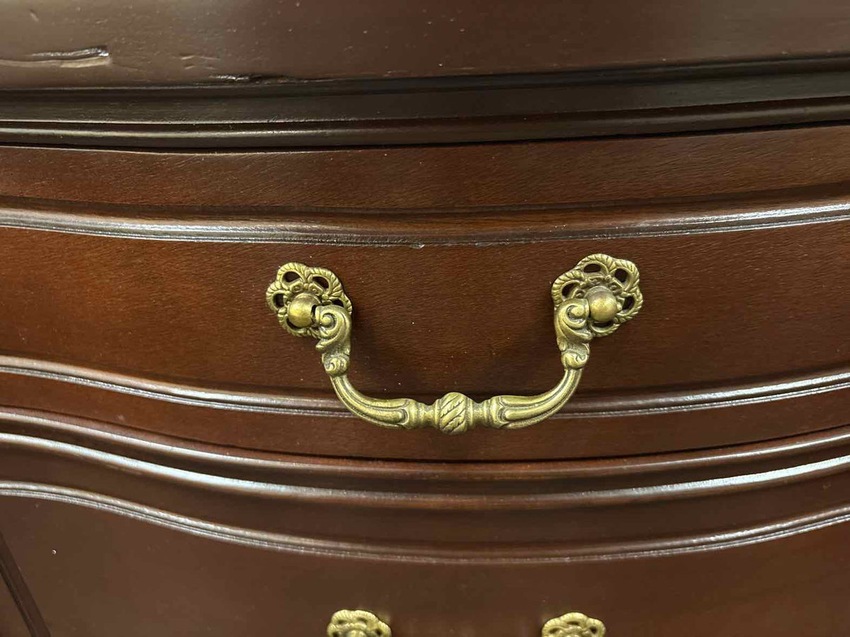 Pair of Mahogany Serpentine 3 Drawer Nightstands with Ornate Handles