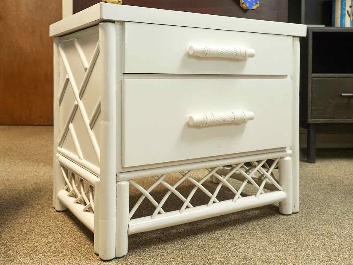 Pair of White Finish Bamboo 2 Drawer Side Tables