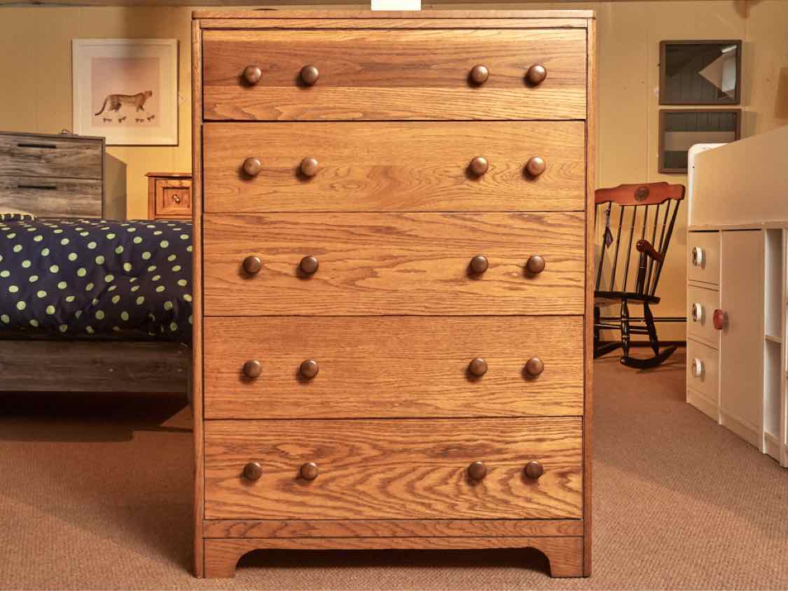 Oak 5 Drawer Chest with Double Wood Knobs