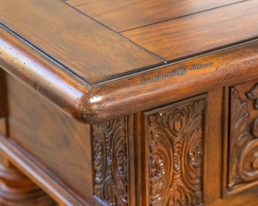 Broyhill Carved Oak Buffet Table W/ 2 Darwers On Spiral Barley Twist Legs
