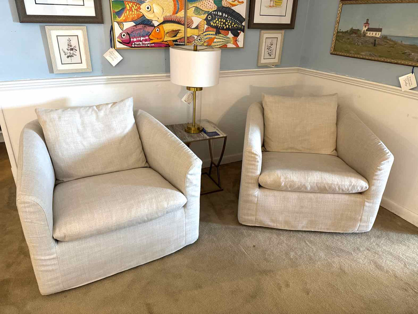 Pair Of Joss & Main  'Menta' Swivel  Barrel 'Effie'  Linen Slip Covered Chairs