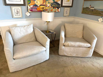 Pair Of Joss & Main  'Menta' Swivel  Barrel 'Effie'  Linen Slip Covered Chairs