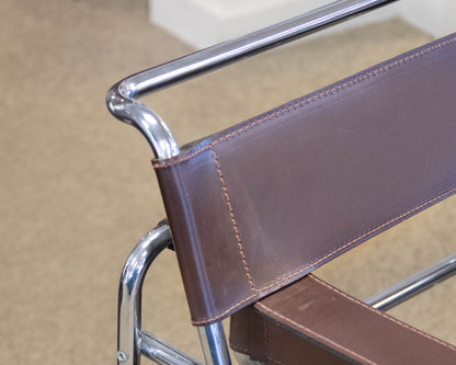 Pair Of "Wassily Style" Brown Leather Sling Back Chairs On Tubular Chrome Frame