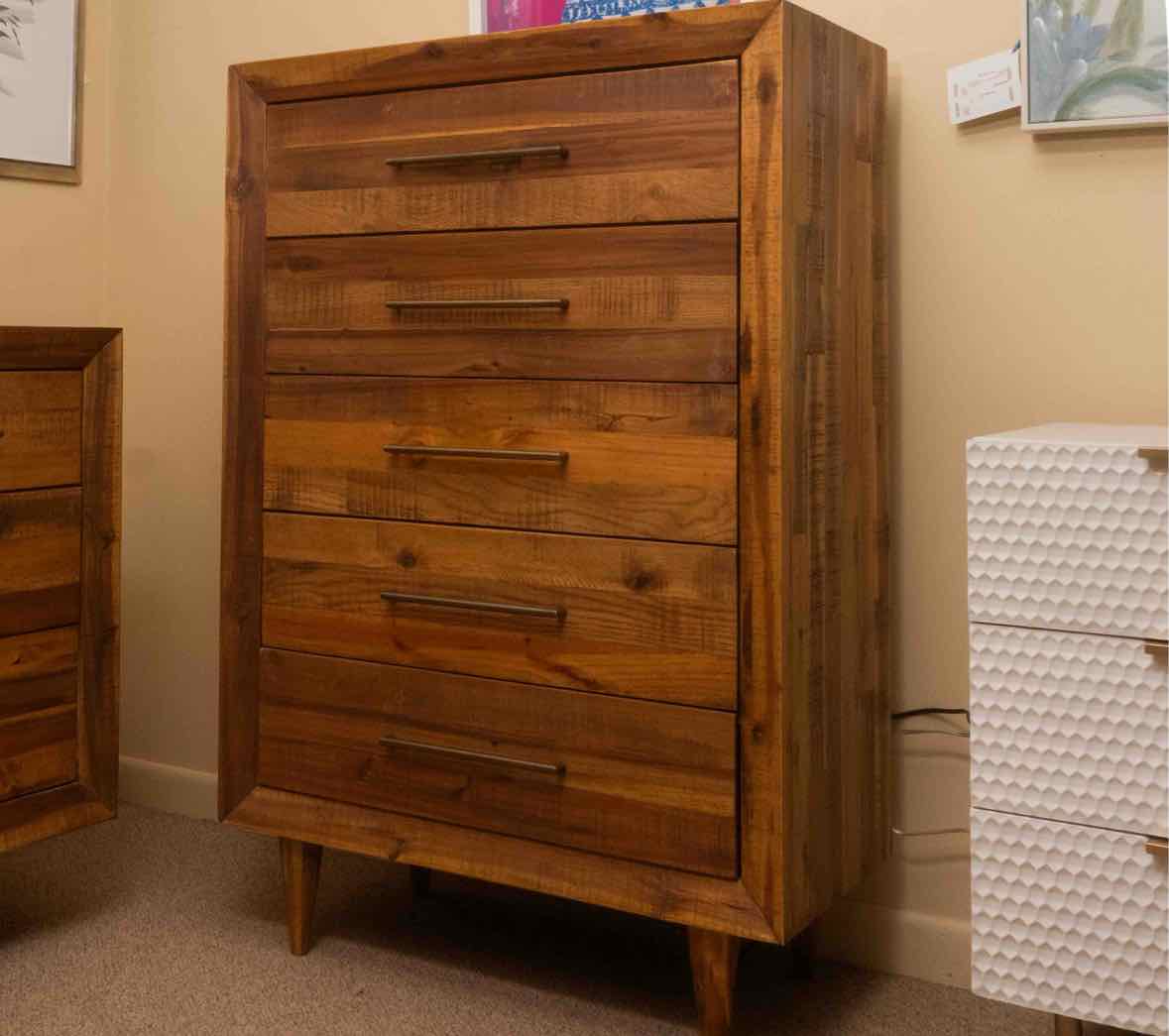 West Elm 'Alexa' Reclaimed  Pine Brass Finsh Handles 5 Drawer Chest
