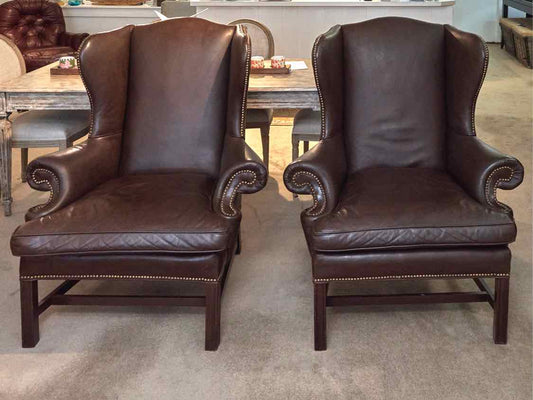 Pair Of Sam Moore 'Walnut Brown' Leather Wing Back Nailhead Trim Chairs