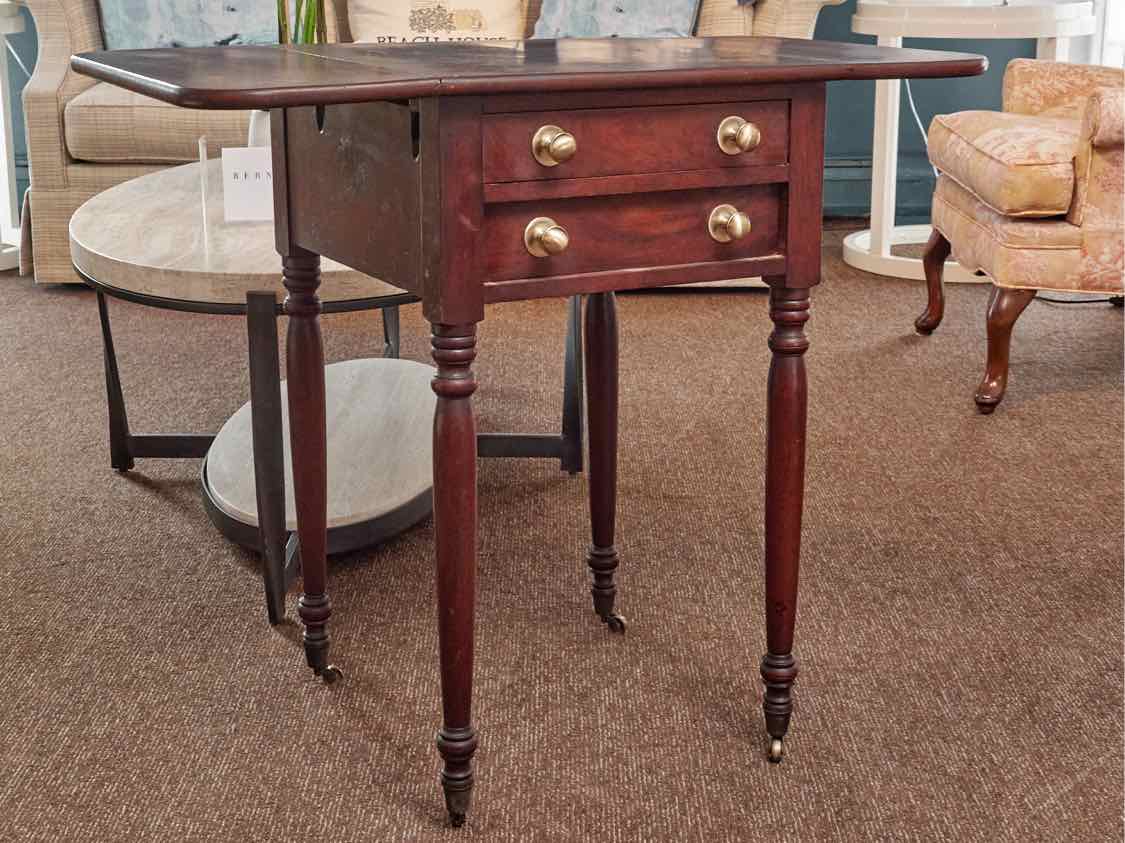 Mahogany 2 Drawer Turned Legs On Casters Drop Leaf Side Table