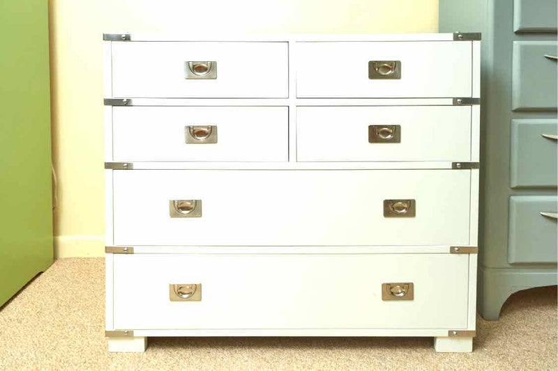 Campaign Chest In Off White  6 Drawer With Chrome Accents