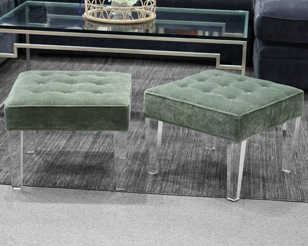 Pair of Boston Interiors Ottomans in Teal on Lucite Legs