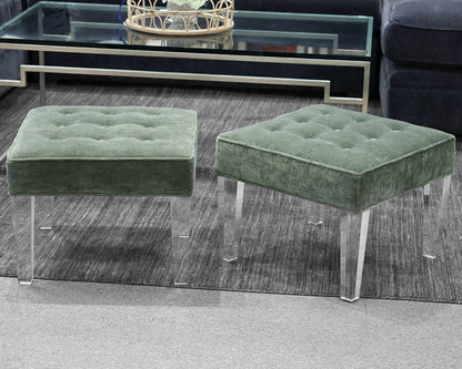 Pair of Boston Interiors Ottomans in Teal on Lucite Legs