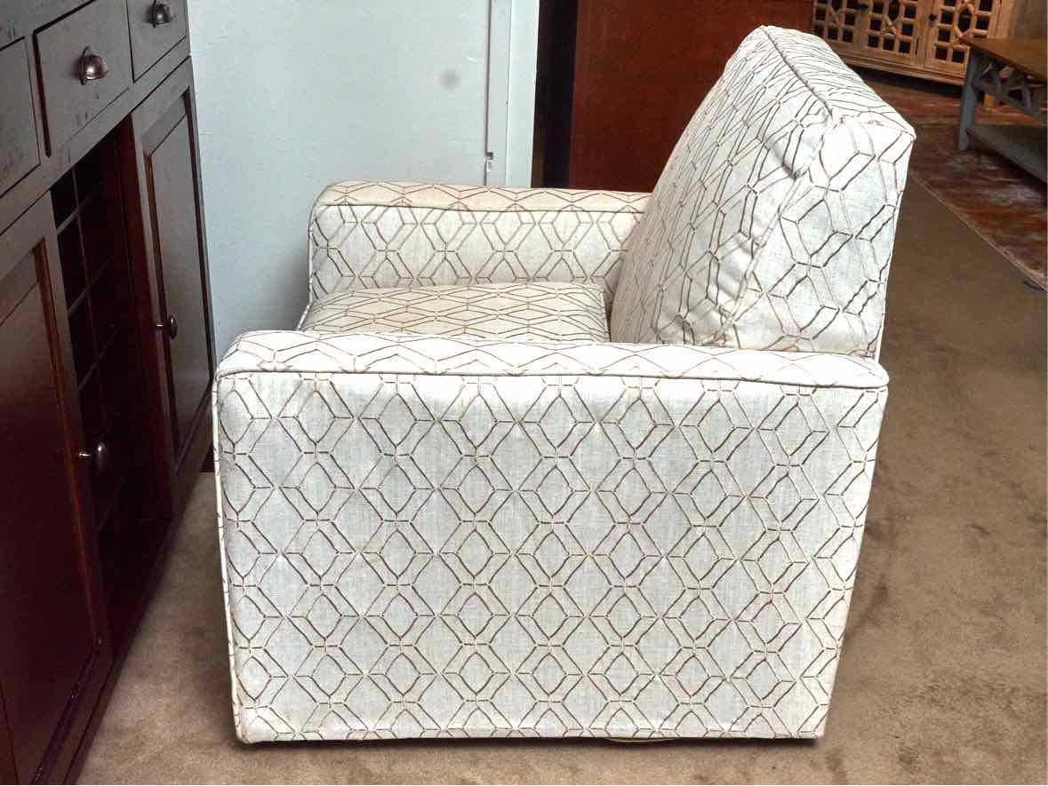 Swivel Chair with Track Arm in Ivory & Beige Trellis Design Upholstery