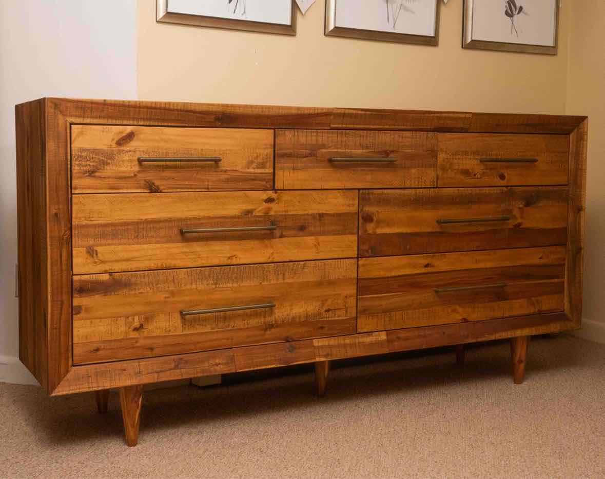 West Elm  'Alexa' Reclaimed Pine  Brass Finish Handles 7 Drawer Dresser