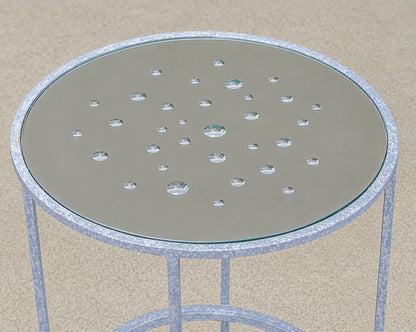 Metal Accent Side Table with Water Droplet Design and Glass Mirrored Top