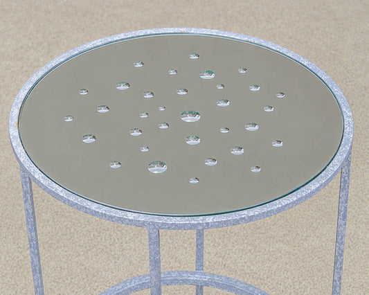 Metal Accent Side Table with Water Droplet Design and Glass Mirrored Top