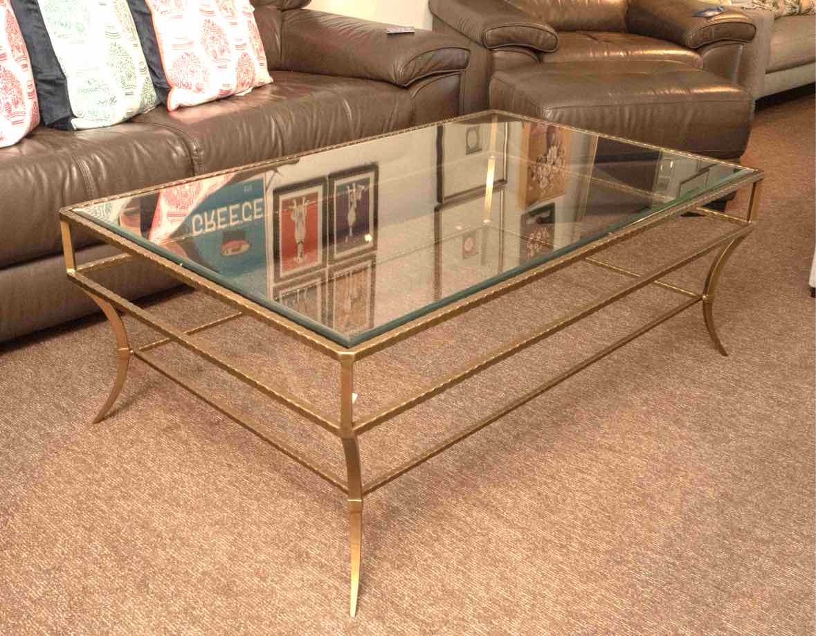Hollywood Regency Style Glass Top   Brass Finish Metal Cocktail Table