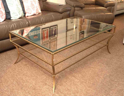 Hollywood Regency Style Glass Top   Brass Finish Metal Cocktail Table