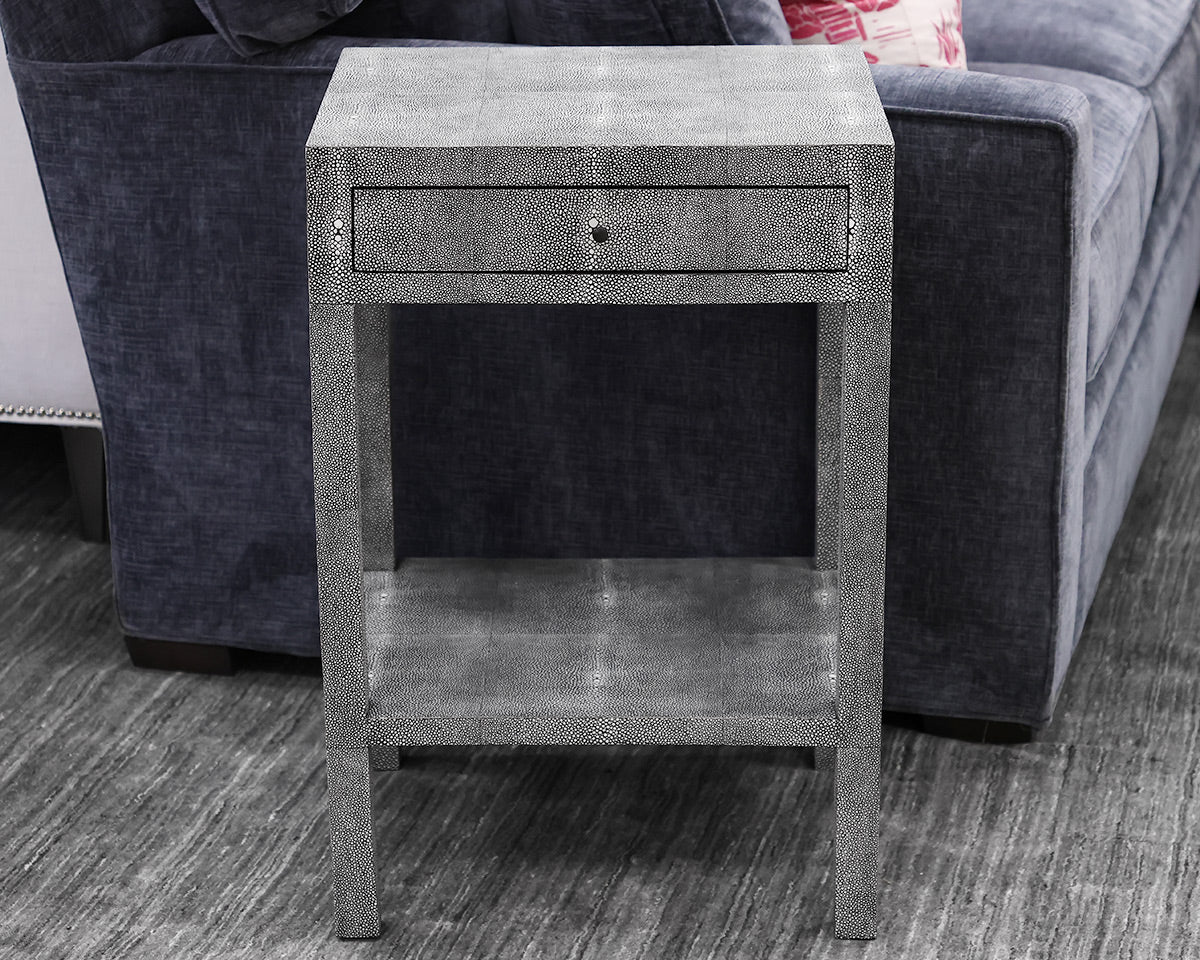 Amberly Nightstand in Faux Gray Shagreen, One Drawer. One Shelf