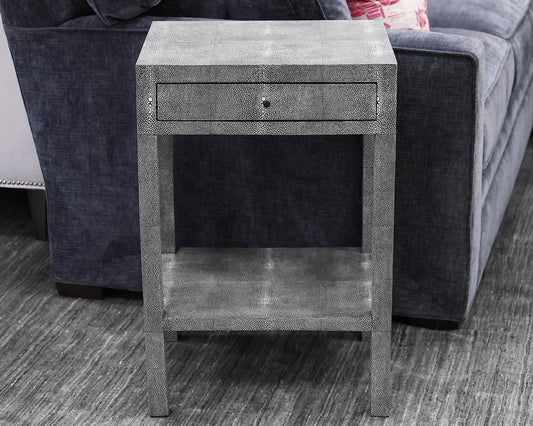 Amberly Nightstand in Faux Gray Shagreen, One Drawer. One Shelf