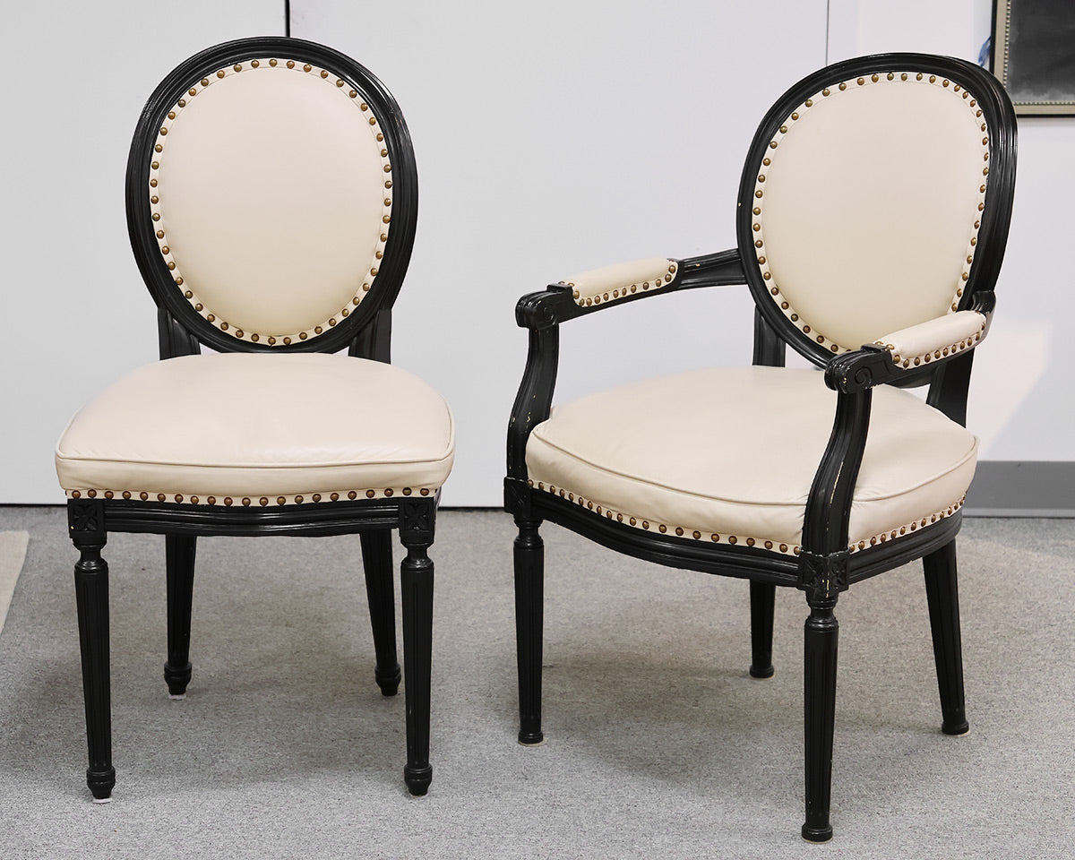 Set of Six Dining Chairs. Espresso Finish w/White Leather..