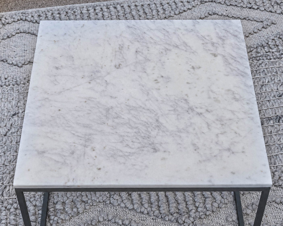 Pair of 'Delaney' White Marble Side Tables with Metal Frame Base