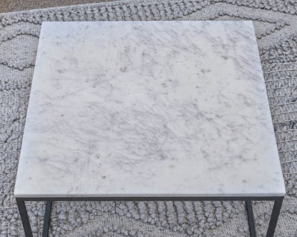 Pair of 'Delaney' White Marble Side Tables with Metal Frame Base
