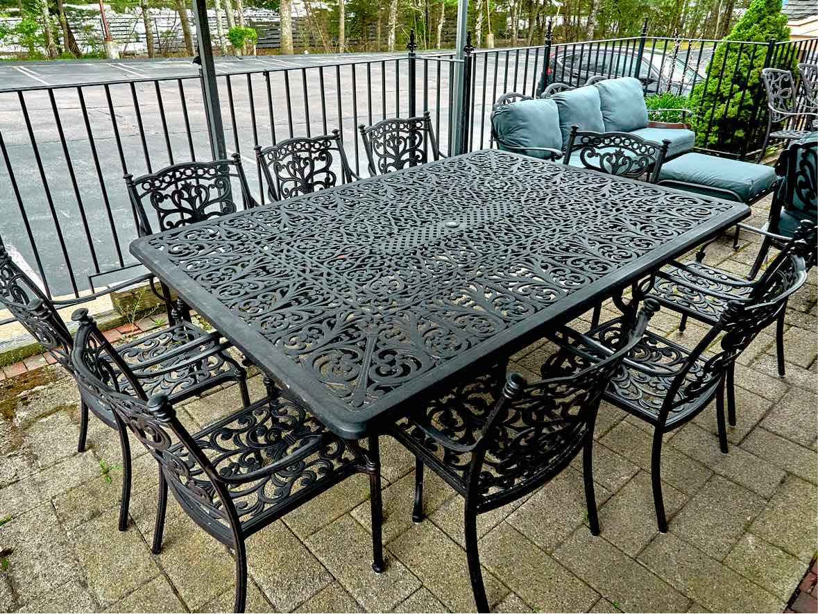 Black Cast Aluminum Outdoor Dining Set with 9 Arm Chairs