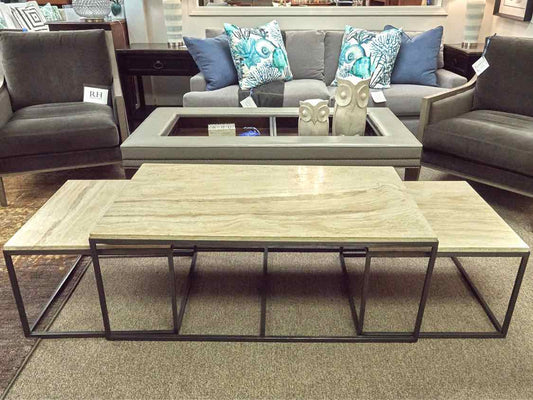 Ethan Allen Cocktail Table with Stone Top & Nested Side Tables