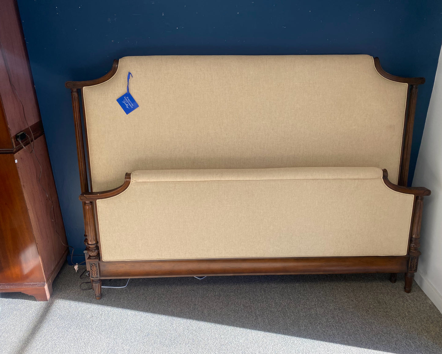 King Wheat Upholstered Wood Trim Bed with Fluted Columns