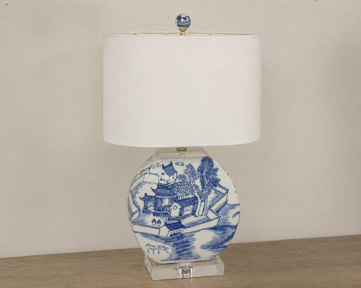 Blue & White Porcelain Moon Vase Table Lamp with White Oval Shade