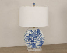 Blue & White Porcelain Moon Vase Table Lamp with White Oval Shade