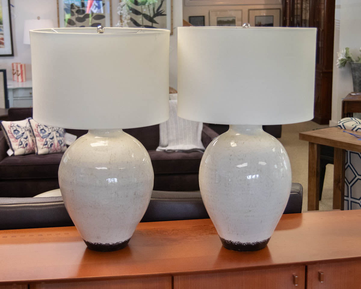 Pair of Pottery Barn White & Brown Crackle Glaze Ceramic Table Lamps