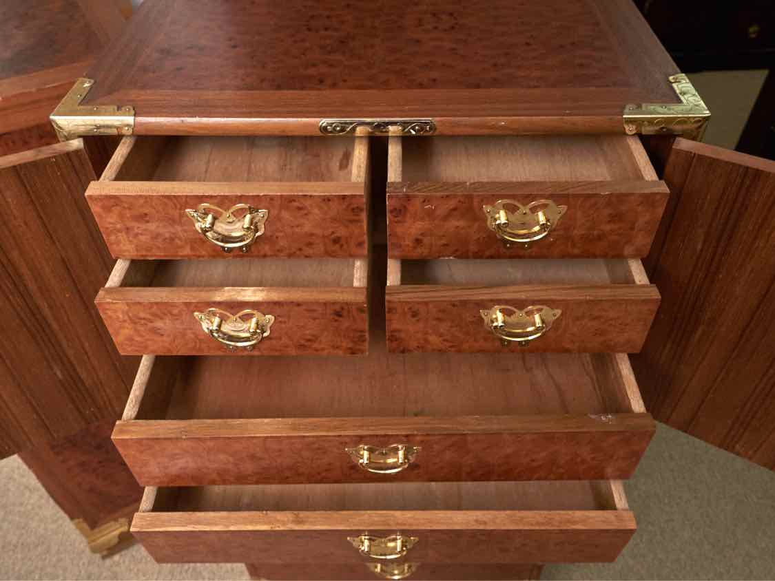 Asian Burled Walnut 5 Door Lingerie Chest with Brass Moth Handles