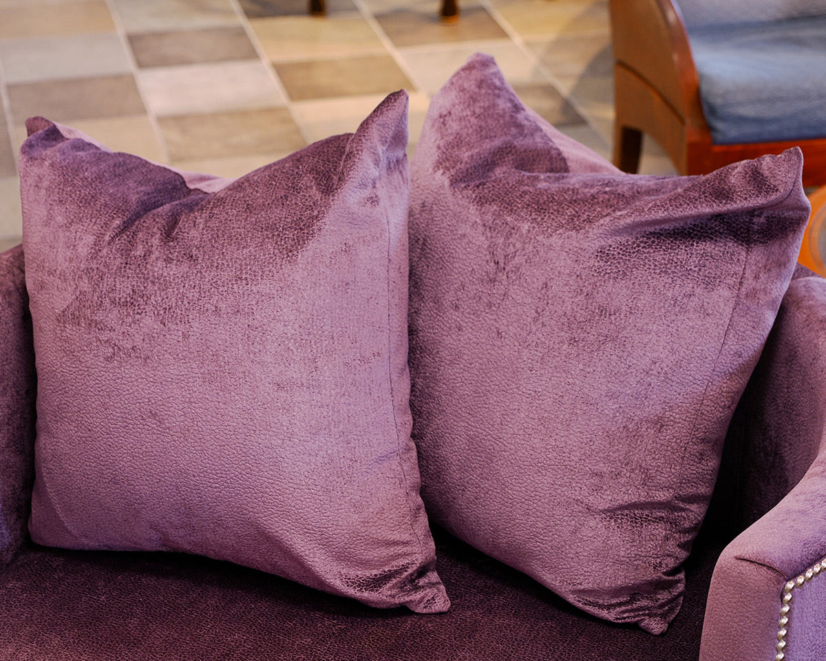 Pair of Rene Cazares Purple Upholstered Swivel Chairs