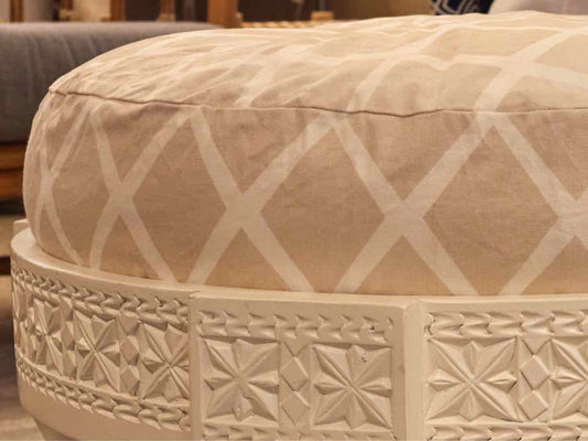 Serena & Lily White Finish Carved Base with Beige & Ivory Trellis  Pouf  Ottoman