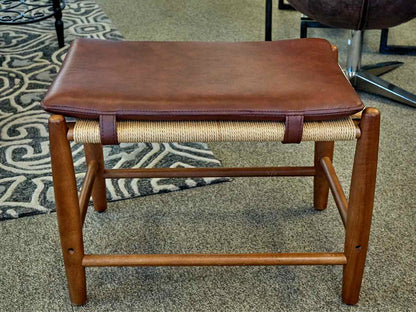 Walnut Stool with Brown Faux Leather Strapping