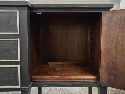 Black Vintage Breakfront Server with Grey Trim and Brass Ring Pulls
