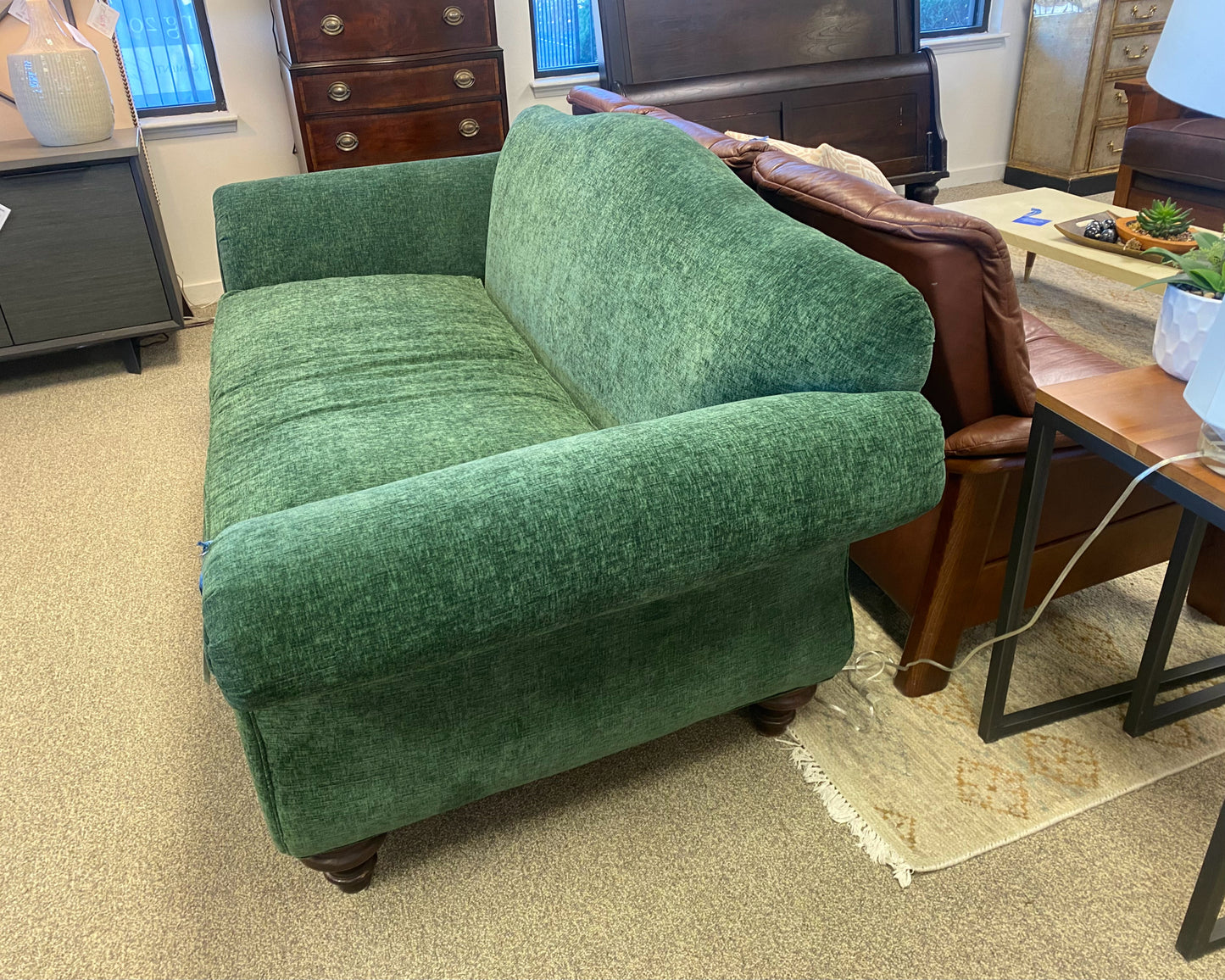 Camel Back Emerald Green Upholstered Sofa