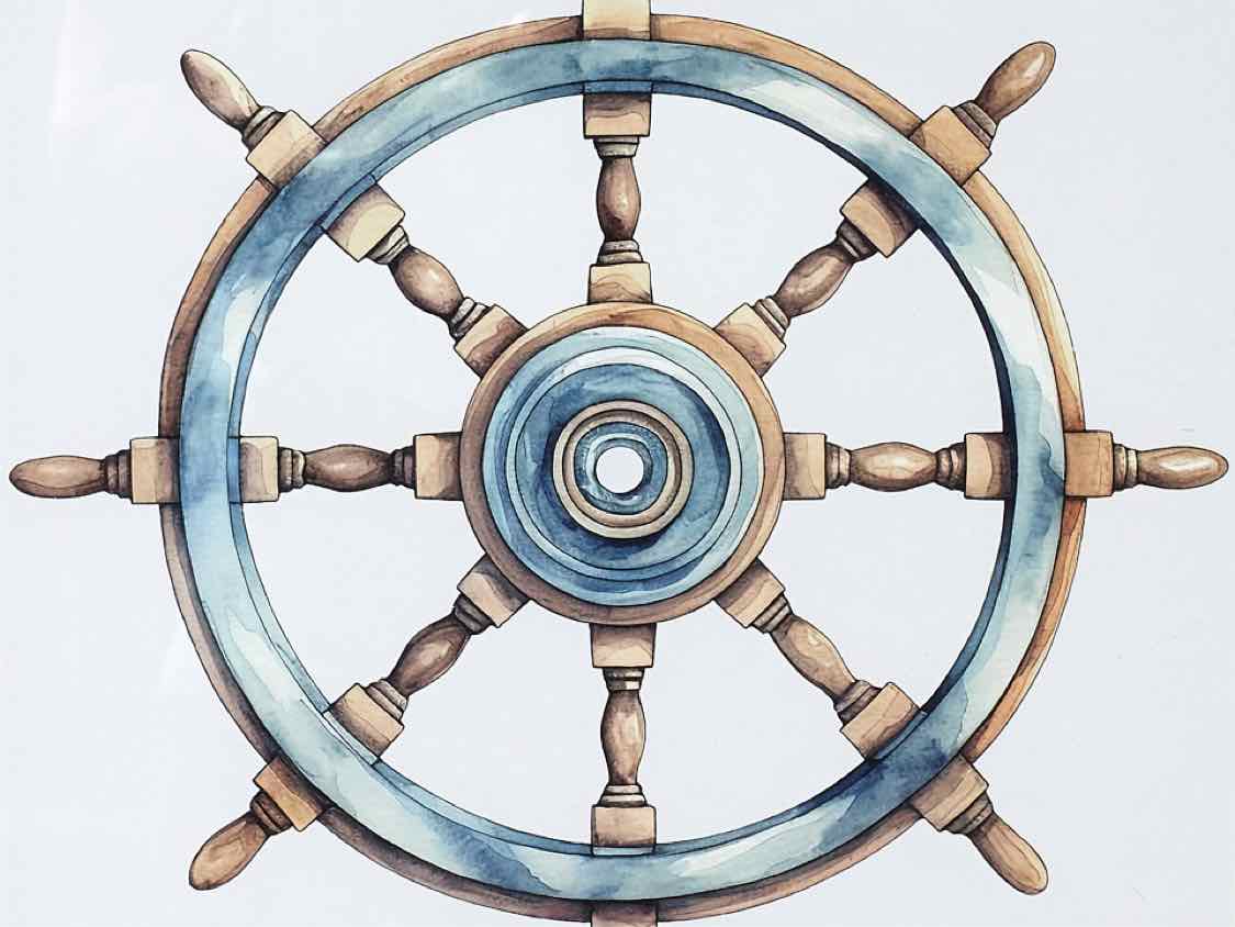 'Ship's Wheel II' Watercolor Print Double Matt Natural Wood Frame